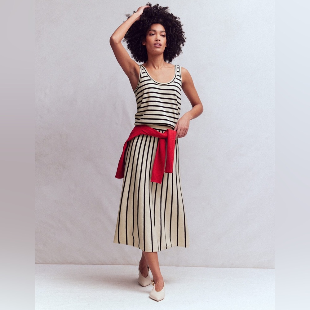 Boden Cream and Black Striped Midi Skirt